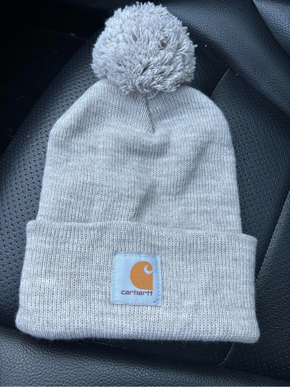 Carhartt Pom Beanie Hat in Light Gray with Orange Logo